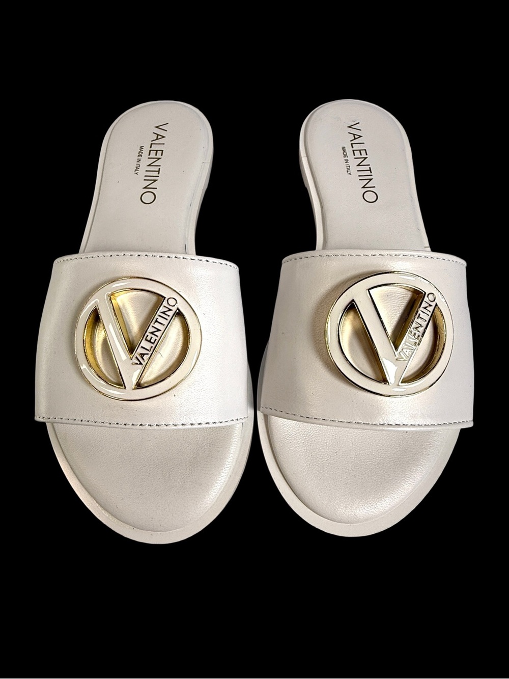 Valentino White Leather Slide Mules with Gold Logo Emblem